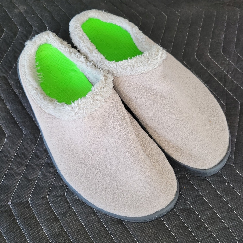 Oofos OOcoozie Shoes Mens 12 Khaki Comfort Recovery Slip On Slippers Fleece Mule